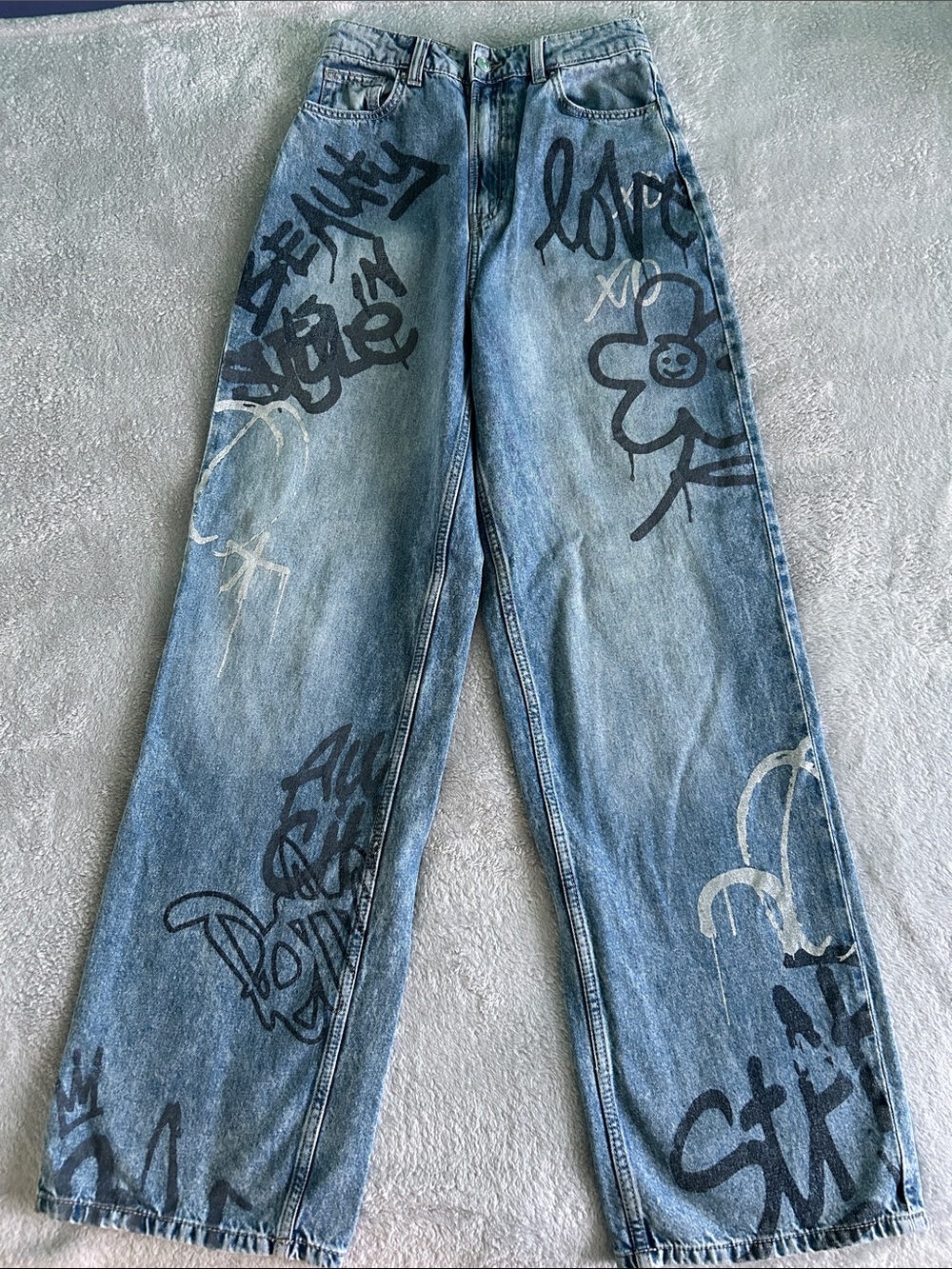 H&M Divided High Waisted Light Blue Wide Leg Jeans with Black Graffiti Size 2